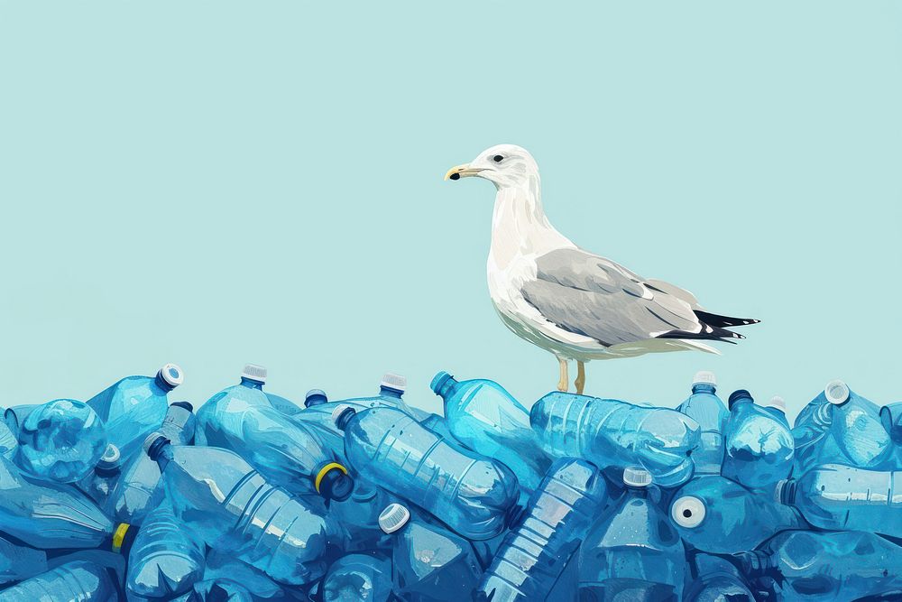 Layers of piles of same blue plastic bottles seagull bird container.