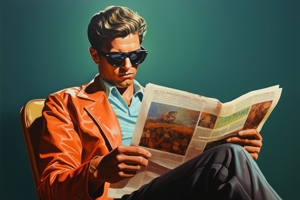 Airbrush art of a man reading newspaper sunglasses adult publication.