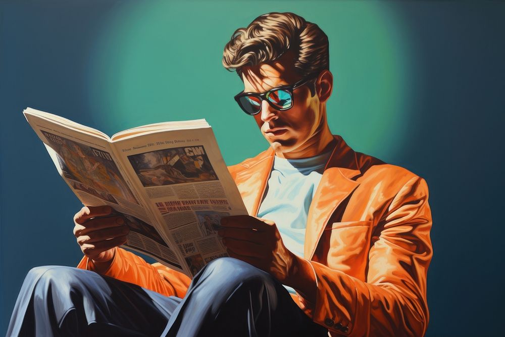 Airbrush art of a man reading newspaper adult book publication.