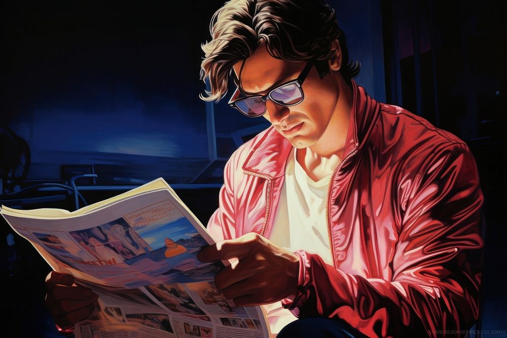 Airbrush art of a man reading newspaper publication sunglasses technology.