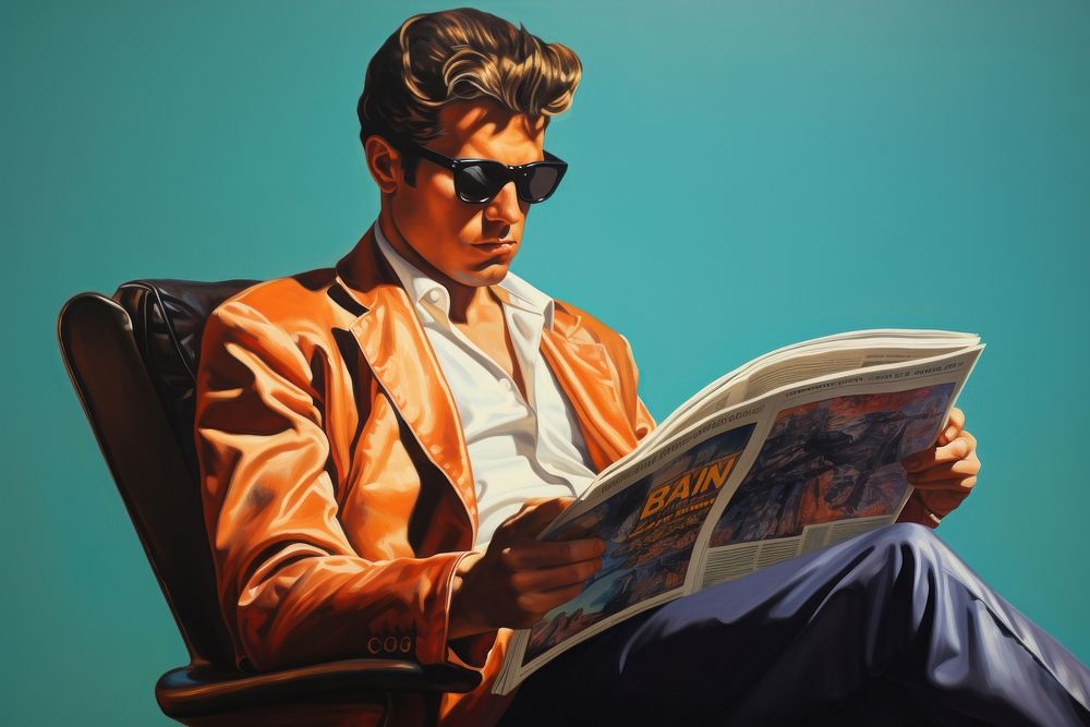 Airbrush art of a man reading newspaper sitting adult publication.