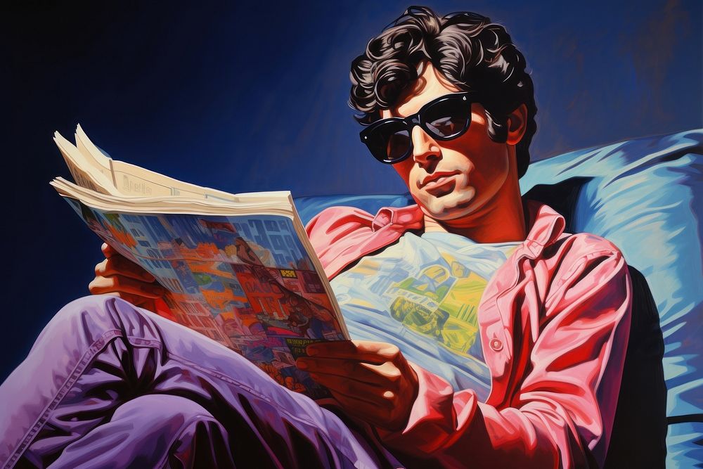 Airbrush art of a man reading newspaper sunglasses portrait adult.