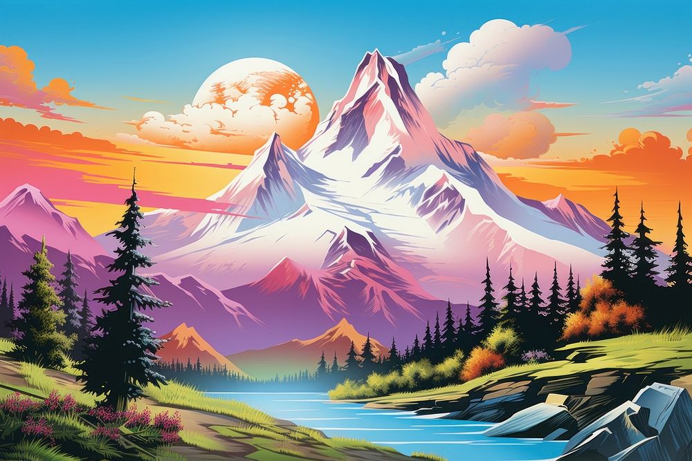 Airbrush art of mountain view wilderness landscape outdoors.