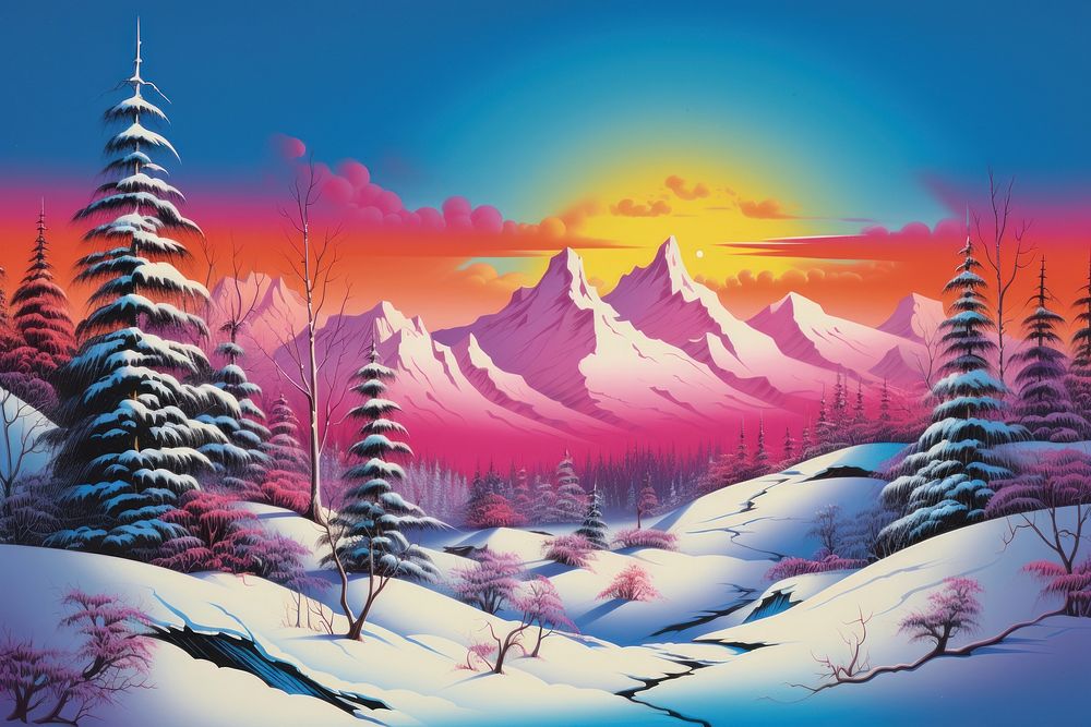 Airbrush art of winter landscape outdoors nature plant.