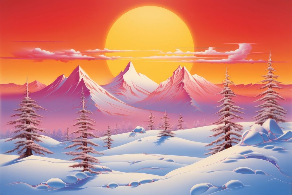 Airbrush art of winter landscape outdoors nature snow.