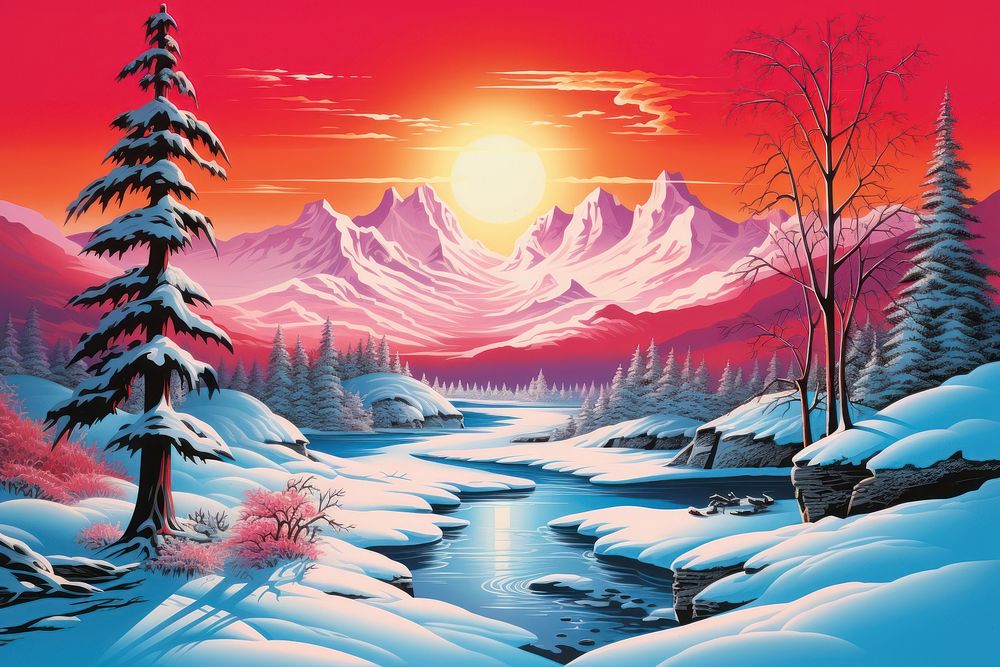 Airbrush art of winter landscape outdoors painting nature.