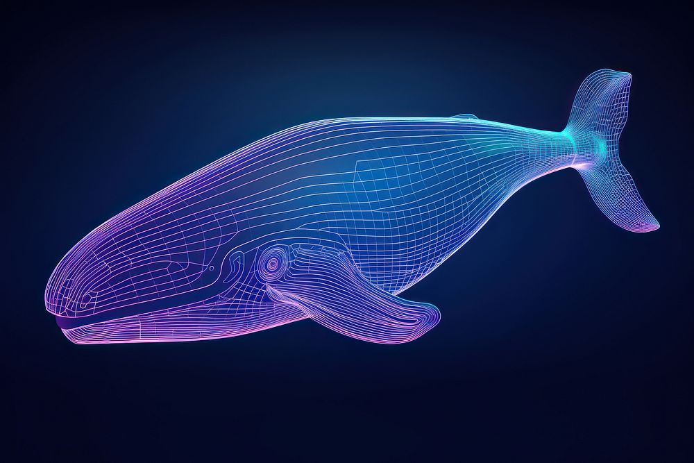 Neon whale wireframe animal fish underwater.