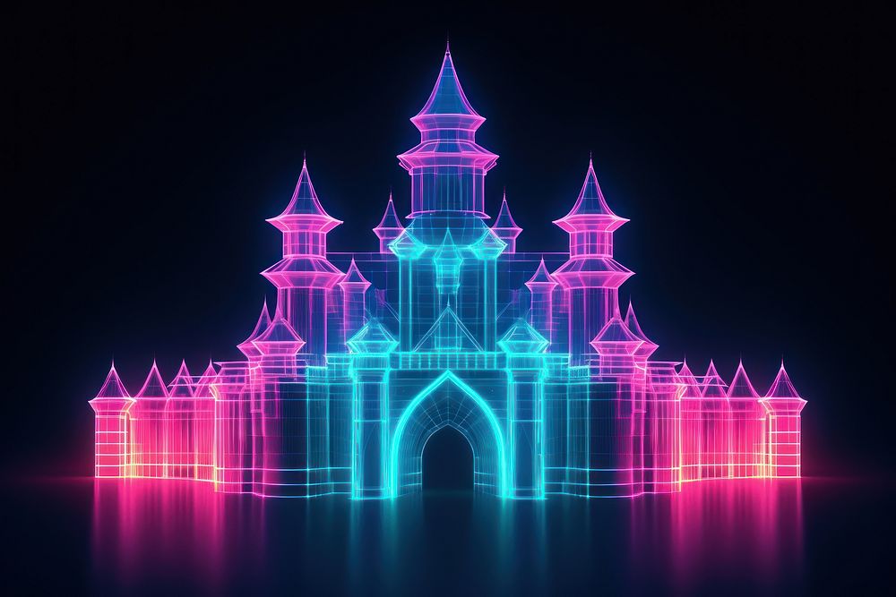 Neon castle wireframe architecture building light.