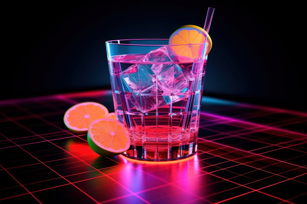 Neon cocktail wireframe fruit drink glass.