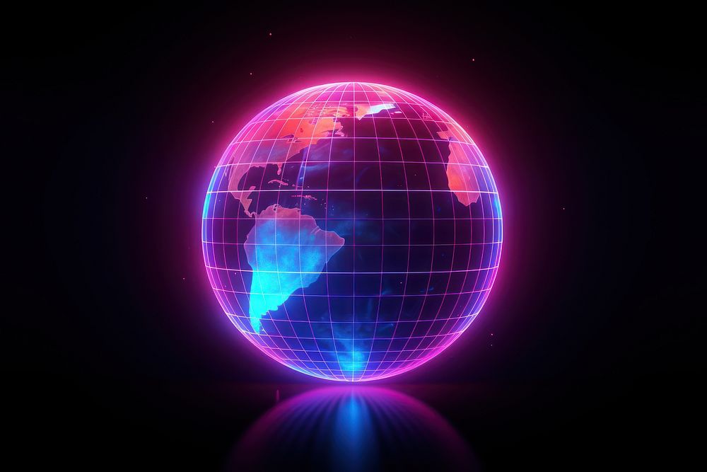 Neon earth wireframe sphere planet light.