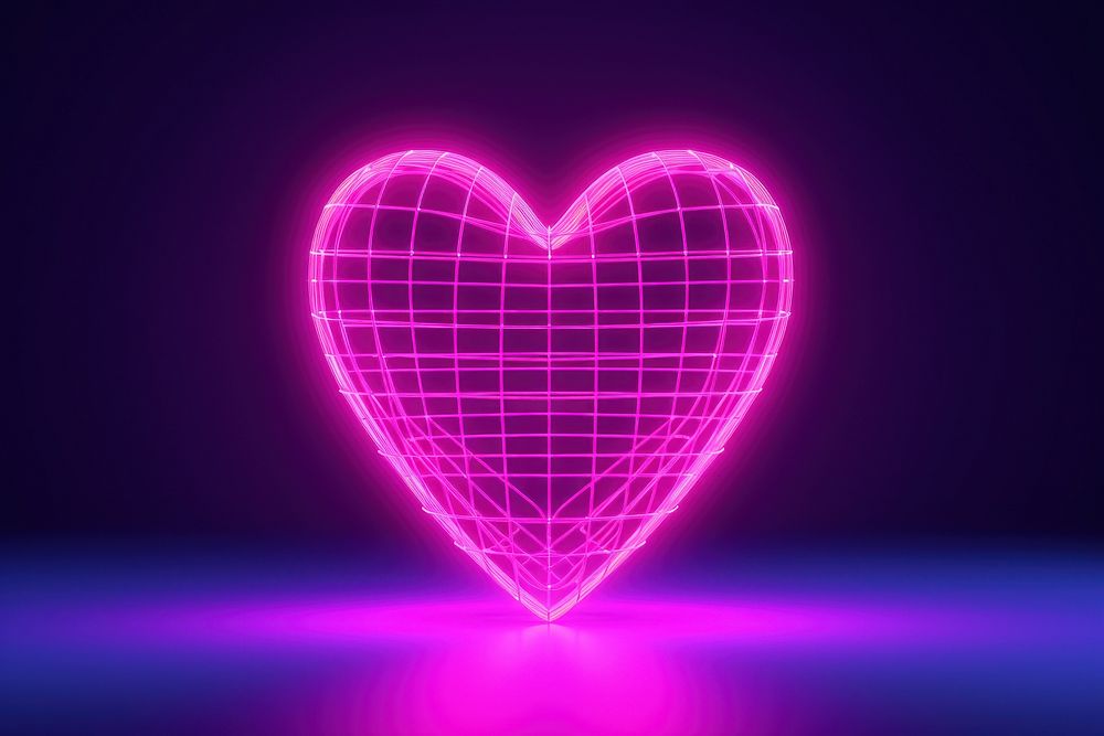 Neon heart wireframe light purple night.