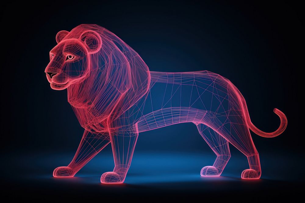 Neon lion wireframe animal illuminated creativity.