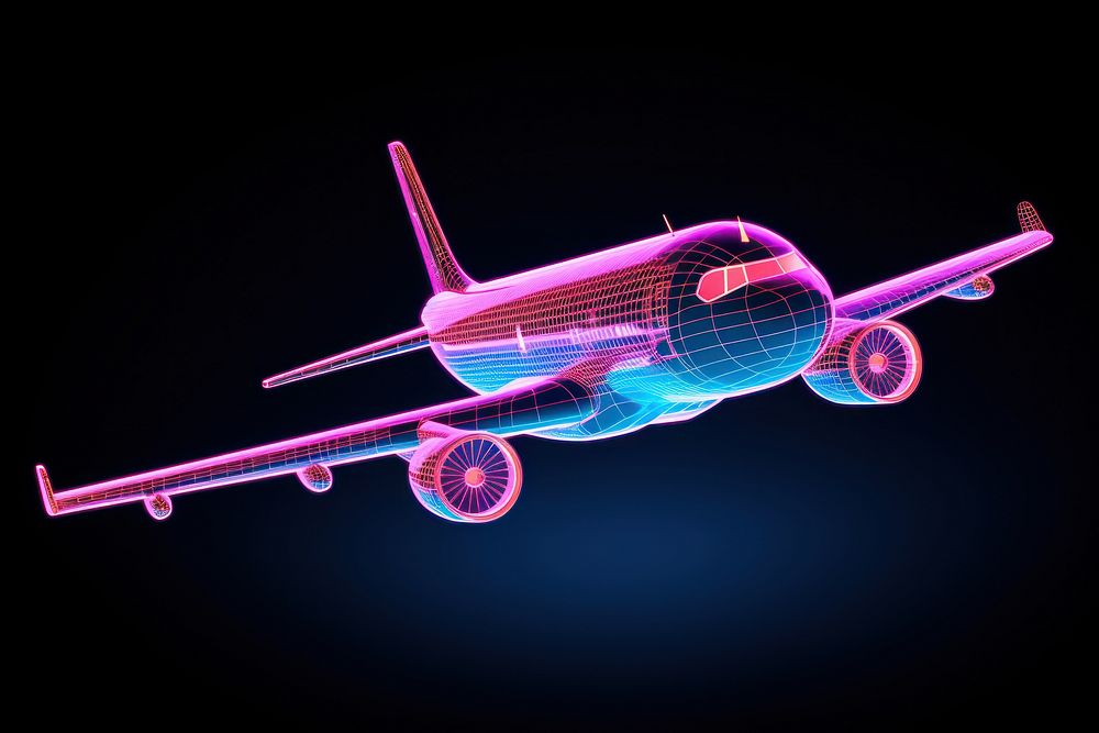 Neon plane wireframe airplane aircraft vehicle.