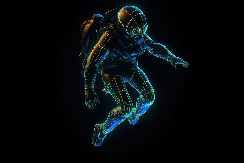Neon scuba diving wireframe illuminated futuristic screenshot.