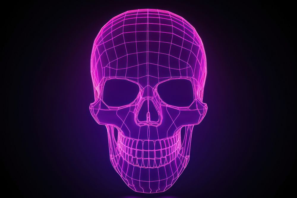 Neon skull wireframe purple technology futuristic.
