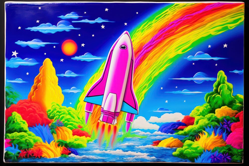 Flying rocket painting outdoors purple.