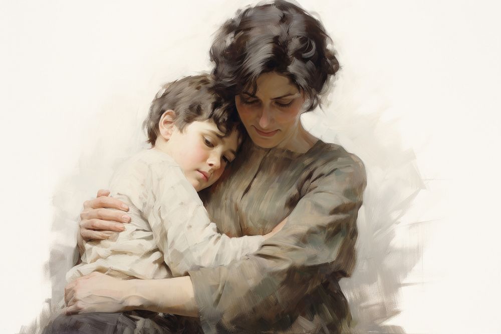 A mother hugging her son painting portrait adult.