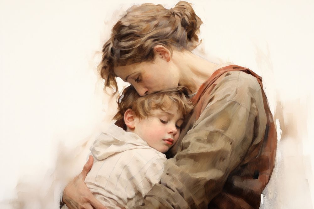 A mother hugging her son painting portrait baby.