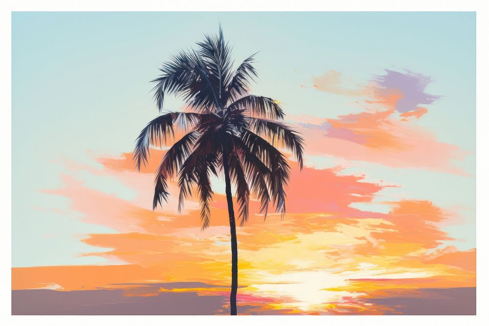 A palm tree with sunset behind outdoors painting nature.