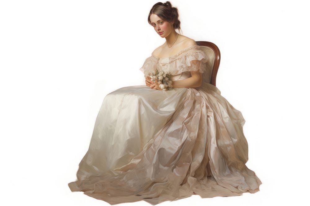 A pregnant Victorian woman sitting portrait fashion wedding dress.