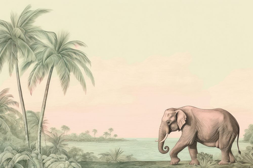 Elephant in palm tree jungle drawing sketch wildlife.