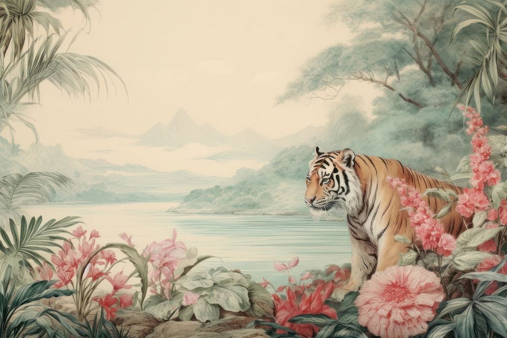 Tiger in flowers garden by lake wildlife outdoors painting.