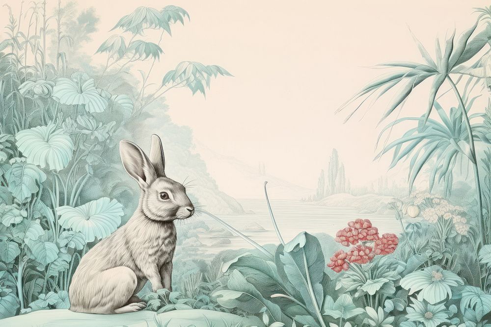 Rabbit in flowers garden drawing sketch animal.