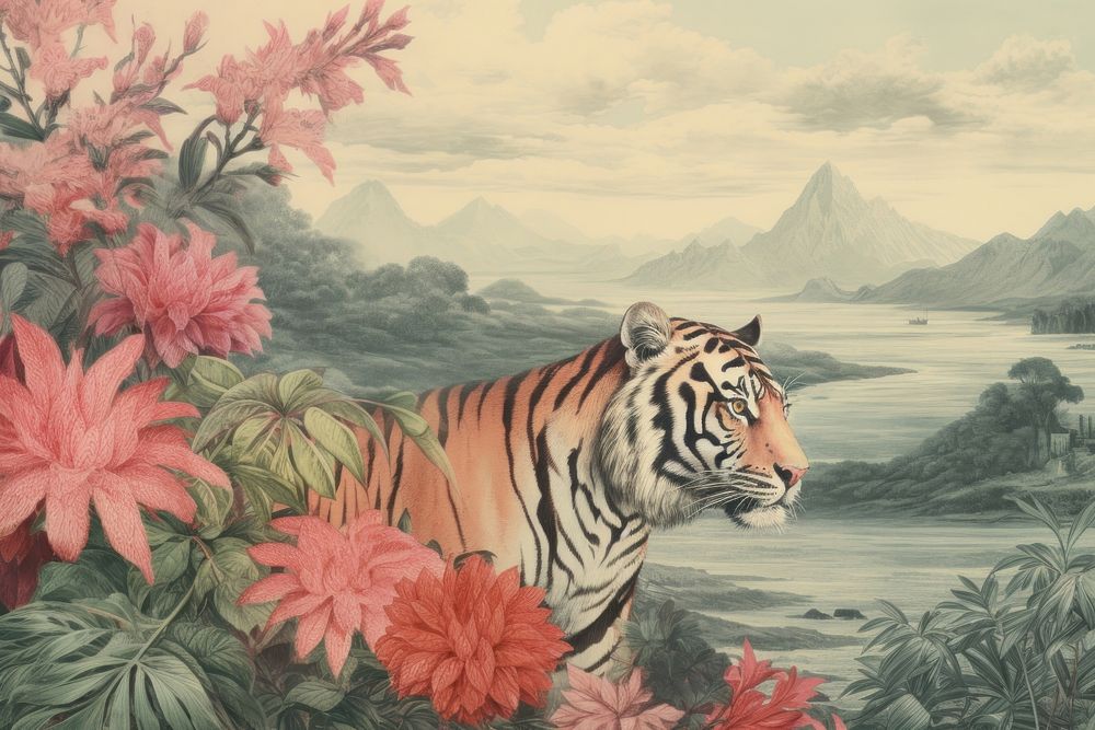 Tiger in flowers garden by lake landscape wildlife outdoors.