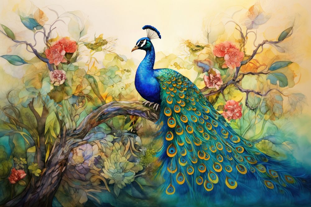 Peacock with gold glister painting animal bird.