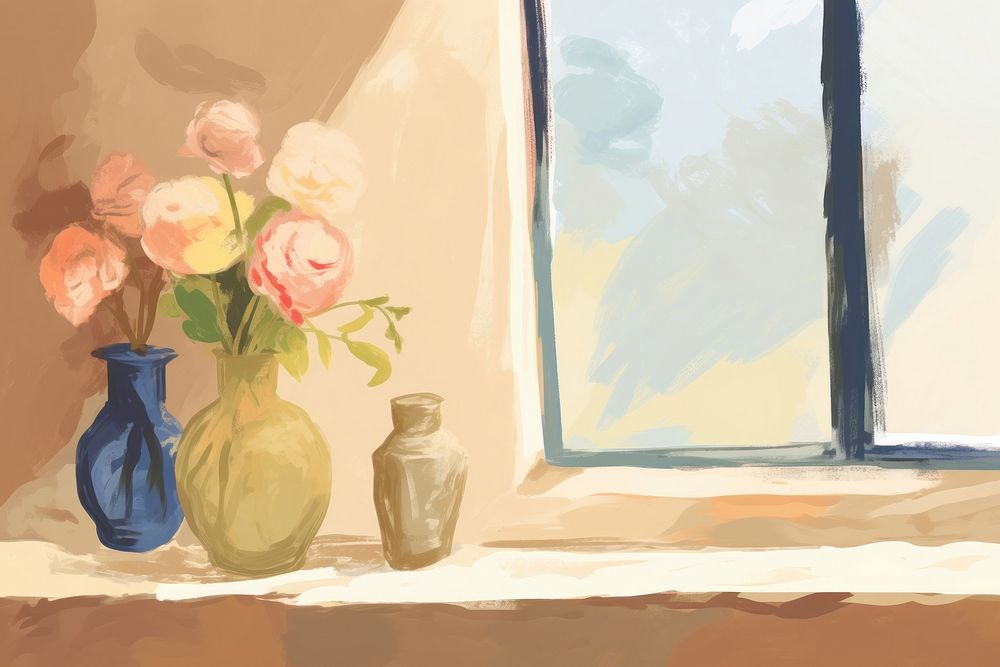 Flower vase next to the window art painting architecture.