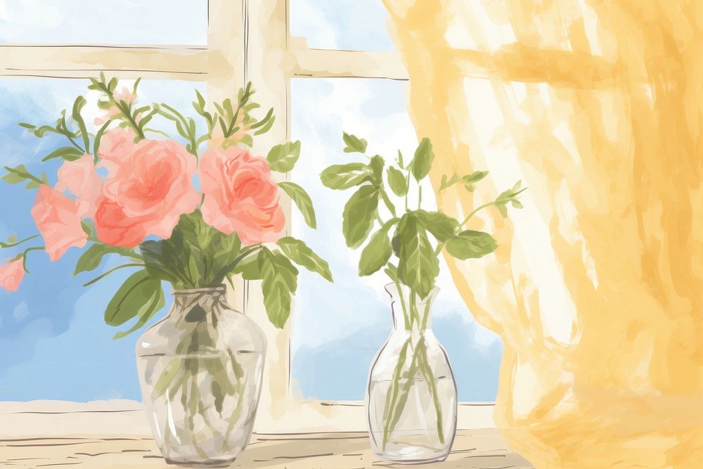 Flower vase next to the window painting plant rose.