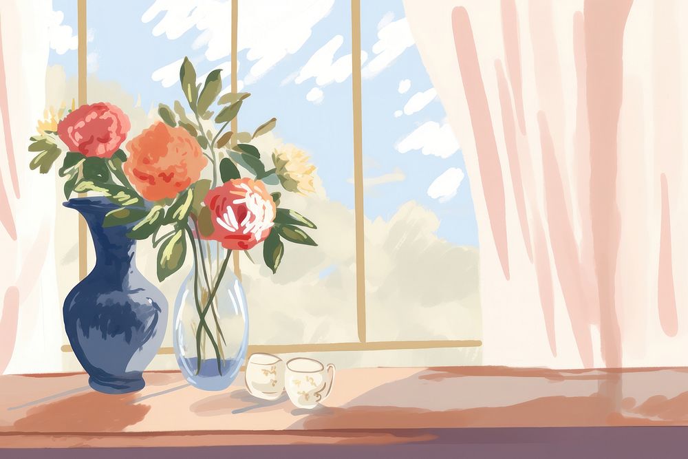 Flower vase next to the window painting plant rose.