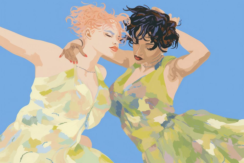 Lesbian couple dancing together painting art togetherness.
