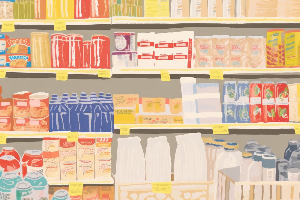 Supermarket shelf background arrangement variation abundance.