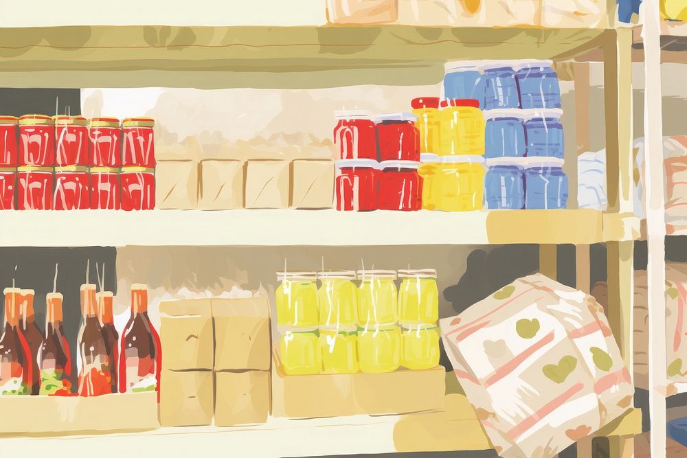 Supermarket shelf background arrangement consumerism refreshment.