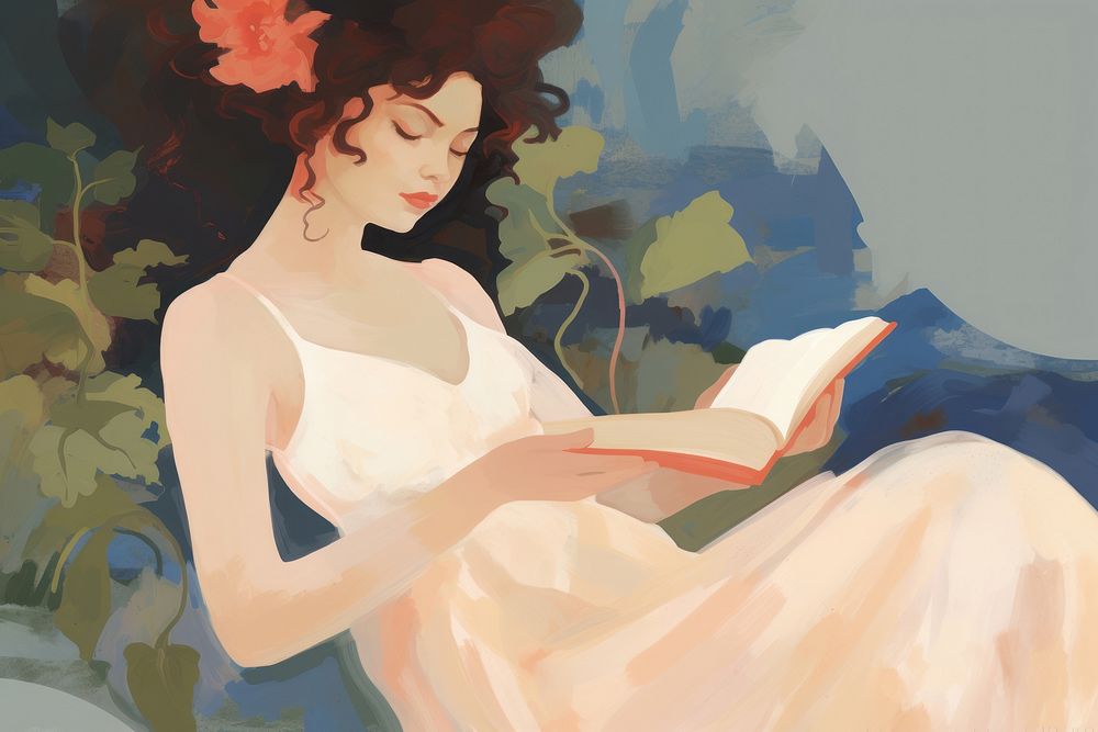 Woman reading book painting art cross-legged.