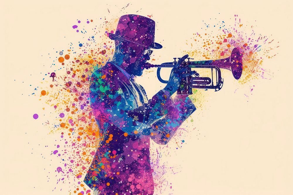 Jazz musician of different playing musical instrument and singing trumpet purple performance.