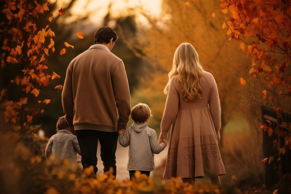 Family handholding walking autumn adult.