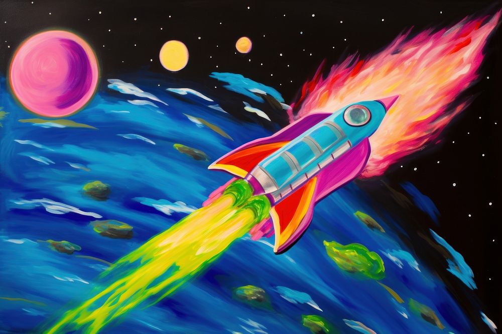 Flying rocket astronomy painting outdoors.