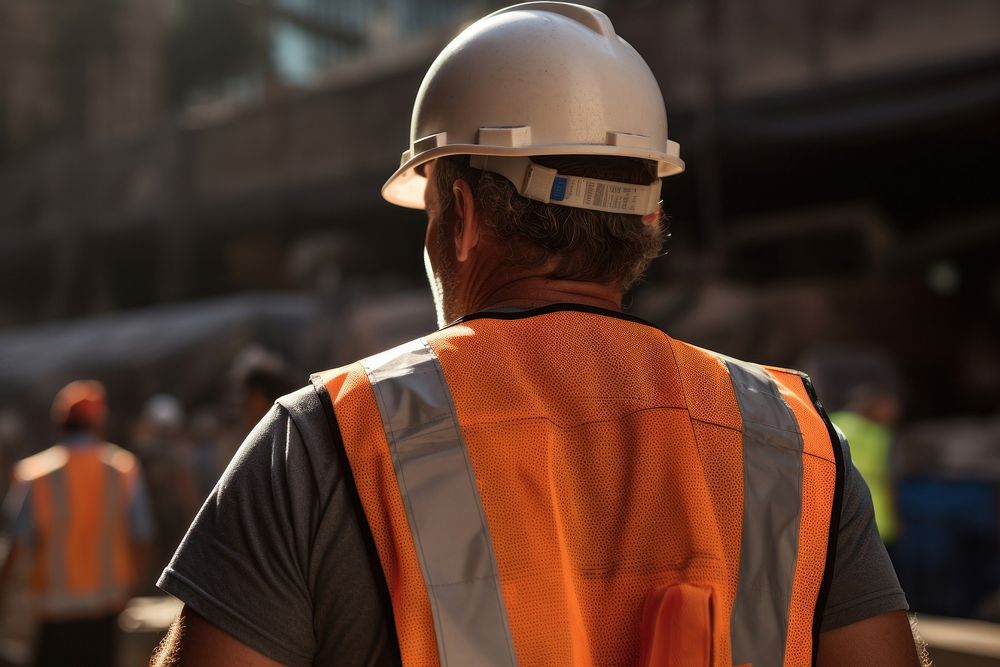 A man wearing white safety vest construction hardhat helmet.