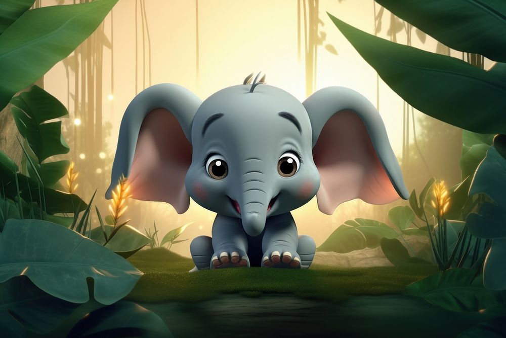 Cute baby elephant background cartoon forest plant.
