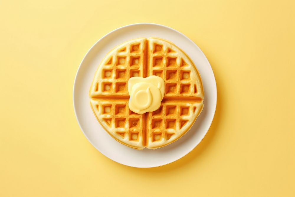 Butter waffle on a white plate yellow food yellow background.