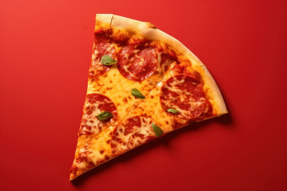 Piece of pizza food red red background.