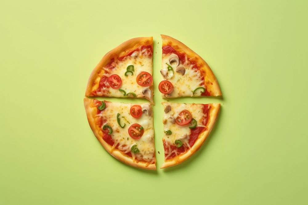 Piece of pizza green food green background.