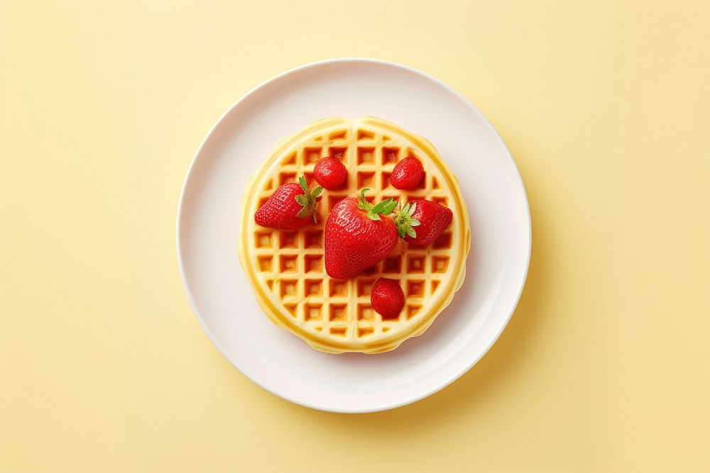 Strawberry waffle on a white plate yellow food yellow background.