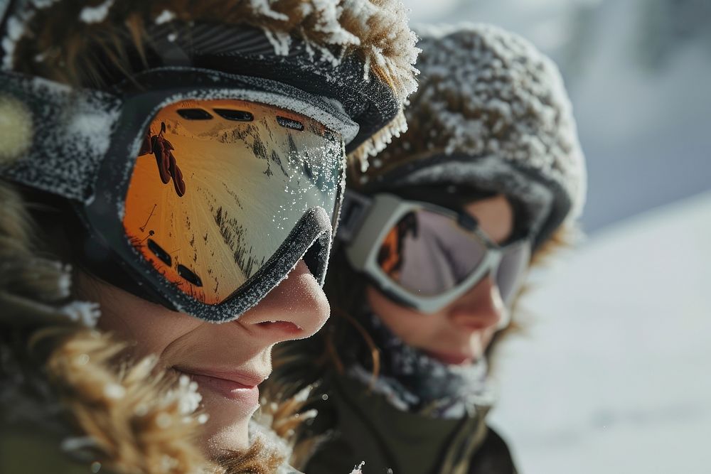 Couple skiing on mountain outdoors sunglasses portrait.