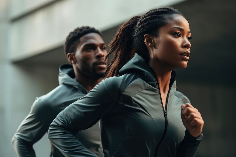 Black woman and man in sport wear running in park outdoors sports adult.