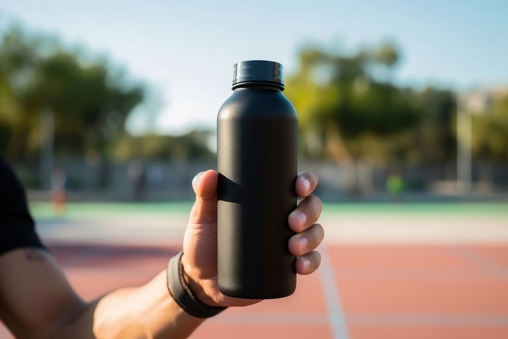 Hand holding sport bottle outdoors sports photo.