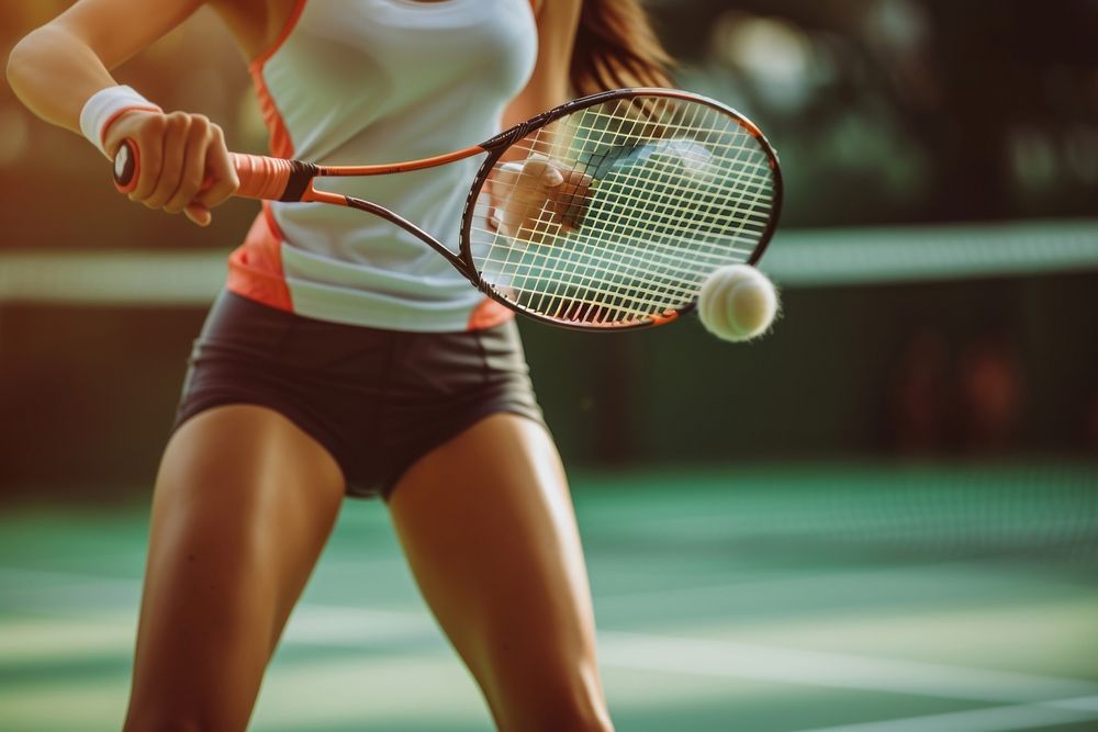 Woman wearing sport wear playing badminton sports tennis racket.