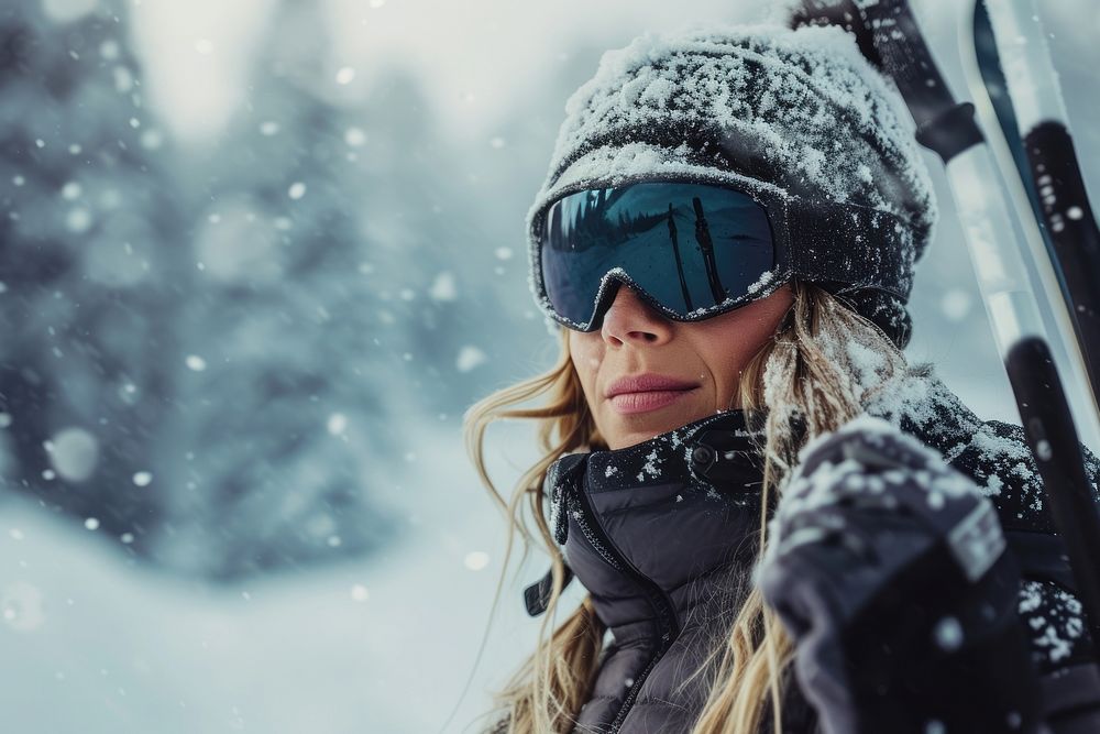 Woman with ski on mountain outdoors sunglasses portrait.